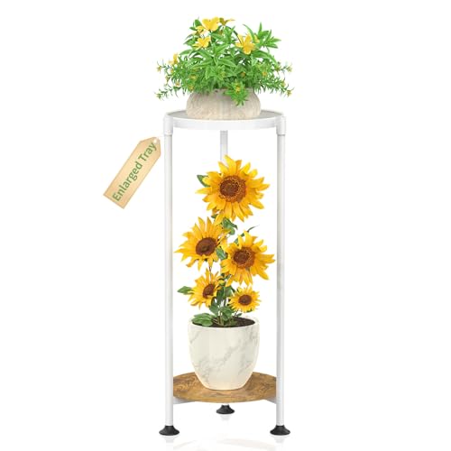 KMOTASUO Metal Plant Stand Tall for Indoor Outdoor Corner, 2 Tier White - color: White + Brown, size: 2 Tier