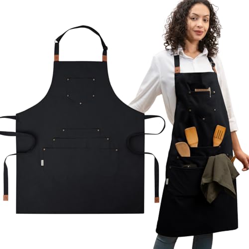 Cotton Canvas Apron for Women & Men – Adjustable Neck Strap & Waist Ties with Pockets - color: Black
