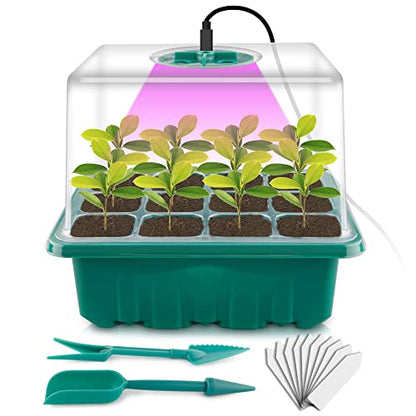 Seed Starter Tray with Grow Light, Seed Starter Kit, Plant Germination Starting Trays with Humidity Dome and Base for Greenhouse Grow Wheatgrass Hydroponic(12 Cells per Tray)