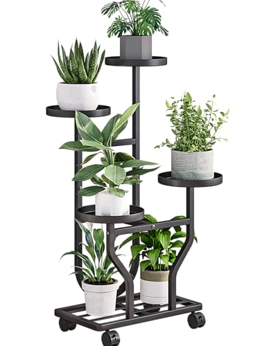 Plant Stand with Wheels, Black 4 Tier Metal Plant Shelf for Indoor Outdoor - color: Black, size: 4 Tier