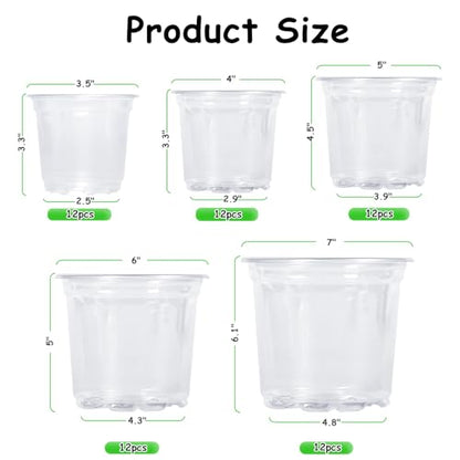 JNYONG 60 Pack 3.5/4/5/6/7 Inch Clear Nursery Pots with Drainage Hole - size: 3.5/4/5/6/7 Inch 60 pack
