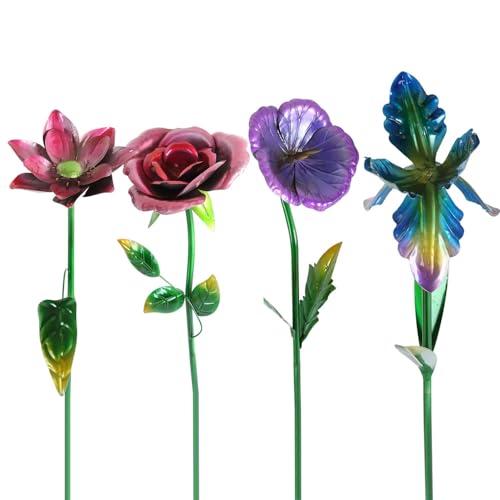 Ivy Home Metal Flower Garden Stake Cute Metal Flower Stick Art Ornament Decor Spring Floral Outdoor Flower Garden Stakes, 4 Pcs