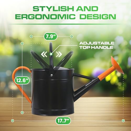 Plexon Metal Watering Can Outdoor 1 Gallon, Flower Plant Gardening Garden Large Watering Can Pot Pitcher, Steel Orange Handles and Removable Spray Spout, Black - color: Black