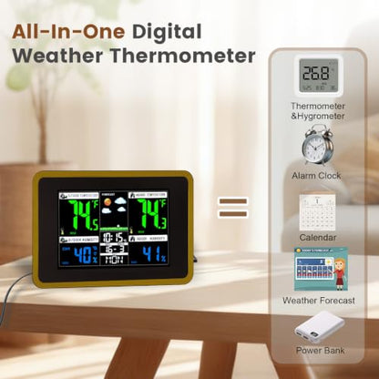 Weather Station Wireless Indoor Outdoor Thermometer, Alarm Clock - color: Black&Brown