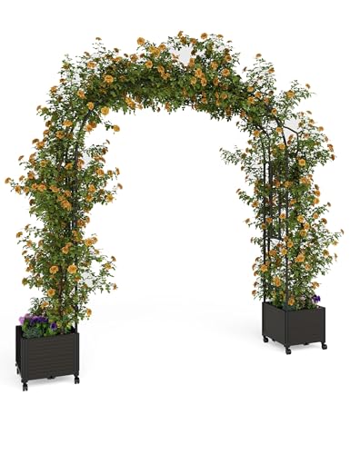 71" Rolling Garden Arch Trellis with Planter Box – Rustproof Metal Frame - size: Span 1.8