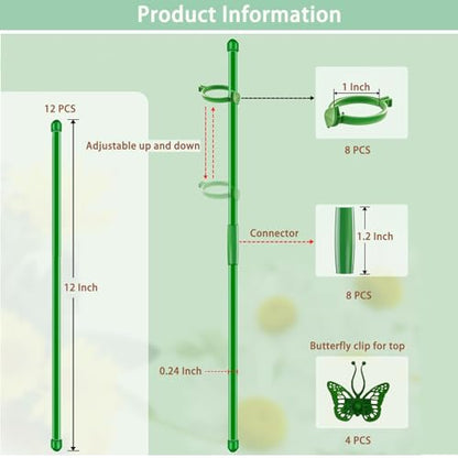 Extendable Plant Stakes 12 Inch, 12-Pack Heavy Duty Plant Support Poles with 12 Clips, Stackable Plant Holder Sticks for Orchid, Monstera, Amaryllis, Tomato, Indoor Outdoor Plants