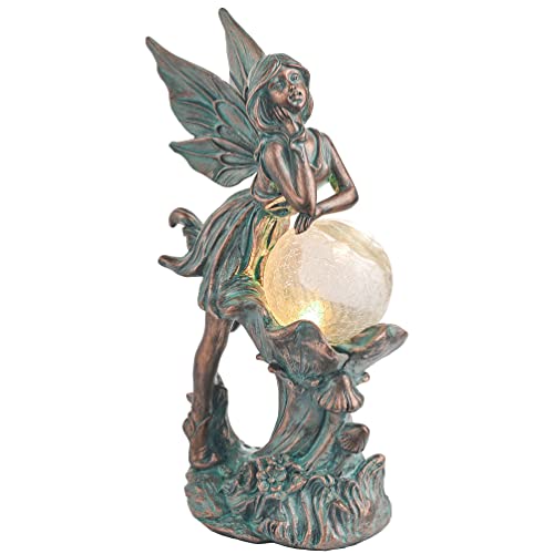 TERESA'S COLLECTIONS Fairy Garden Statue Solar Resin Patina Bronze 12.4"