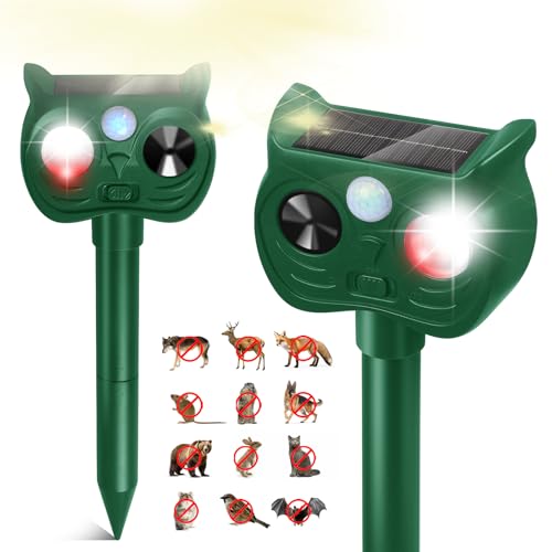 Solar Ultrasonic Animal Repellent Outdoor Motion Sensor Squirrel Deterrent - color: Red and white lights flashing 2PCS