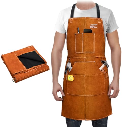 ARCCAPTAIN Leather Welding Apron, 24" x 36" FR Cowhide Blacksmith Aprons - color: Brown