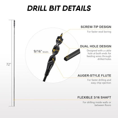 72" Flexible Installer Drill Bit for Pulling Wires in Walls, Ceilings, and Sidewalks, 9/16" Auger with Screw Point & Fish Eye, 3/16" 3-Flat Shank for Wood & Conduits, with Wire Puller & Storage Tube - size: 72in L