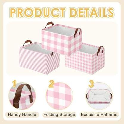 Britimes Pink Storage Baskets for Gifts, Toy Storage Bins Box, 3 Pack - color: Pink Checkered