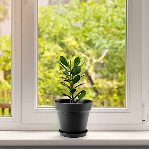 6 Pack 7 inch Plastic Plant Pots with Drainage Holes and Tray, Black - color: Black, size: 6 Pack-7in