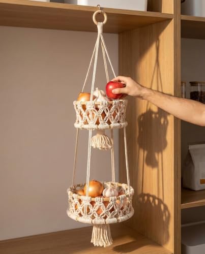 Alipis Macrame Plant Hanger Macrame Hanging Fruit Basket 2 Tier Woven Cotton Rope Storage Baskets Hanging Plant Holder for Vegetable Storage