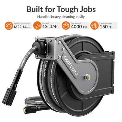 Giraffe Tools Pressure Washer Hose Reel with 60ft Pressure Hose, 4000PSI