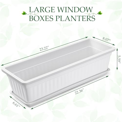 FillTouch 6 Packs 23 Inch Window Flower Box Extra Large Window Sill Herb Garden Long Rectangle Planter Plastic Boxes Outdoor with Drainage Trays Boxes for Balcony Windowsill Patio Garden - size: 23 Inch
