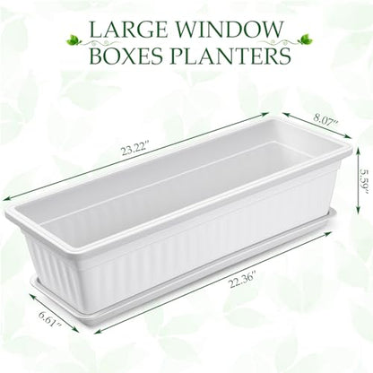 FillTouch 6 Packs 23 Inch Window Flower Box Extra Large Window Sill Herb Garden Long Rectangle Planter Plastic Boxes Outdoor with Drainage Trays Boxes for Balcony Windowsill Patio Garden - size: 23 Inch