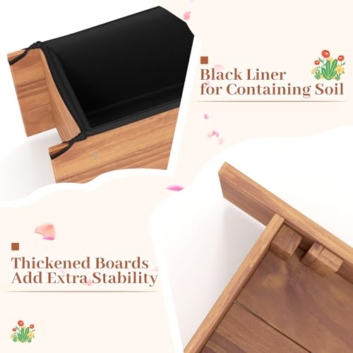 HAPPYGRILL Wooden Raised Garden Bed with 4 Drainage Holes, Black Liner - size: 44" x 11" x 10"