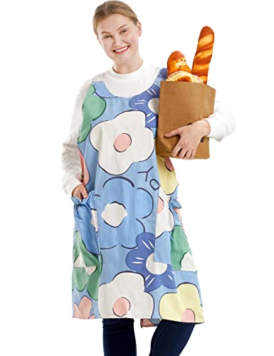 Big Plus Size Aprons for Women with Pockets Cotton Linen Baking Kitchen Cooking - color: Poached Egg Flowers