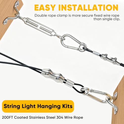 String Light Hanging Kit with 200FT Black Vinyl Coated Wire Rope - size: 200FT