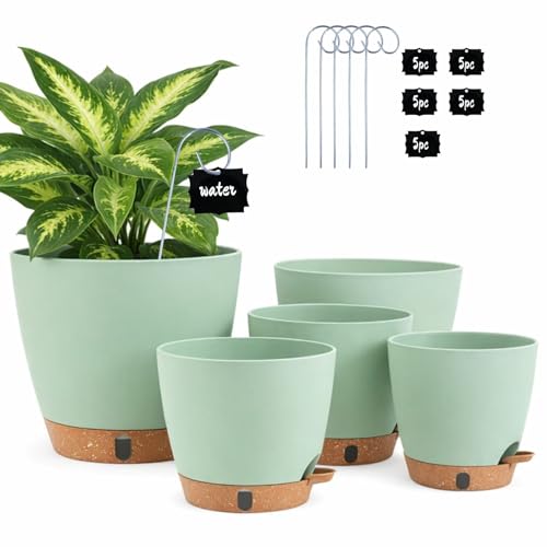 5-Pack Self Watering Pots for Ourdoor/ Indoor Plants 10/9/8/7/6.5 Inch - color: Green, size: 6.5/7/8/9/10 Inch