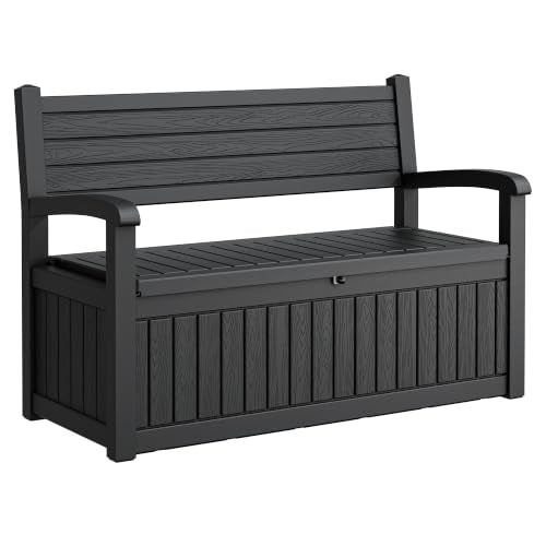 80 Gallon Lockable Deck Bench with Storage, Resin Stripes Outdoor Storage Box, Waterproof Outdoor Porch Bench for Patio Pool and Cushions Garden Tools, Black - color: Dark-black