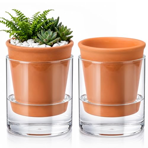 Baderke 2 Pcs 4 Inch Self Watering Pot for Indoor Plants Clear Glass Planter Small Plant Pot with Saucer Reservoir Drainage Holes Bottom Watering for African Violet Orchid Flowers (Terracotta Style) - style: Terracotta Style