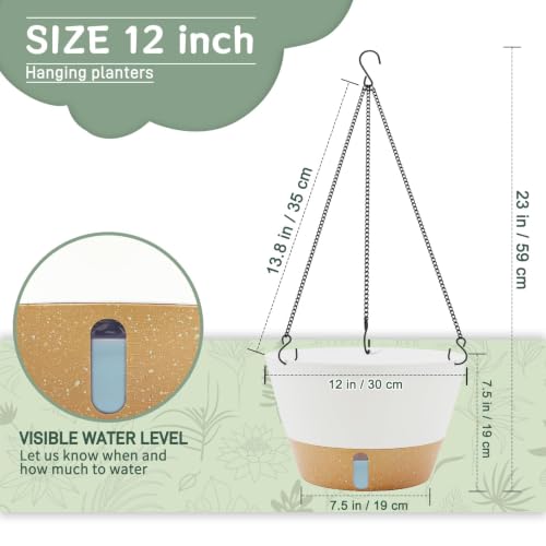 ZMTECH Large 12Inch Self Watering Hanging Planter, Water Window & Chain - color: White