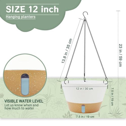 ZMTECH Large 12Inch Self Watering Hanging Planter, Water Window & Chain - color: White