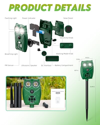 Solar Ultrasonic Animal Repellent with Motion Sensor - Waterproof Deer Repellent Device with LED Lights for Yard, Effective Against Deer, Coyotes, Raccoons & Cats