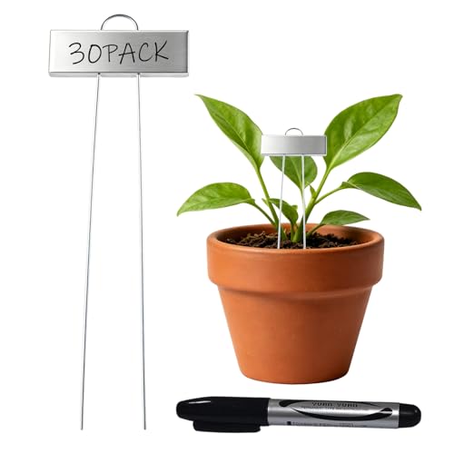Metal Plant Labels, 30 Pack Plant Markers with Writing Pen, Waterproof Reusable T-Type Garden Tags for Potted Herbs, Flowers, Vegetables, Seedling, Outdoor Gardening