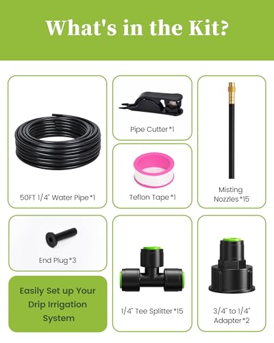 RAINPOINT 50FT Drip Irrigation System, Garden Watering Kit with 15pcs 360°Adjustable Copper Nozzles, Automatic Atomizing Watering Sprinkler System for Greenhouse, Lawn, Raised Beds, Outdoor Plants - size: 50FT