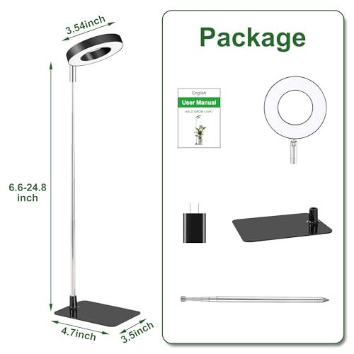Small Halo Grow Light with Base, 48 LED Full Spectrum Indoor Plant Grow Light, Height Adjustable, 3 Spectral Modes, 10 Brightness Levels, Automatic Timer 3/9/12 Hours, Black - color: Black, size: 1 Pack Warm+White with Telescopic Pole and Base