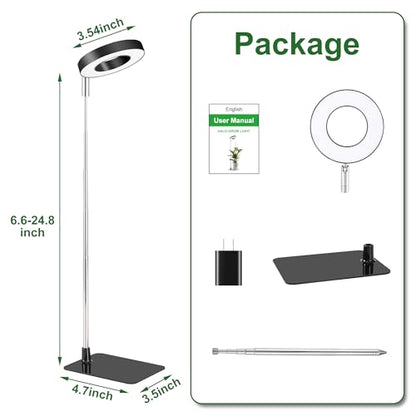 Small Halo Grow Light with Base, 48 LED Full Spectrum Indoor Plant Grow Light, Height Adjustable, 3 Spectral Modes, 10 Brightness Levels, Automatic Timer 3/9/12 Hours, Black - color: Black, size: 1 Pack Warm+White with Telescopic Pole and Base
