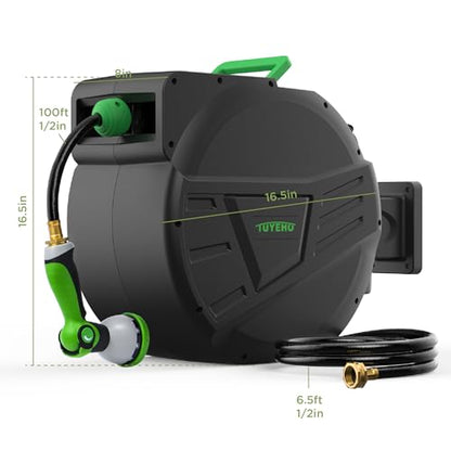 Tuyeho Heavy-Duty Auto Retractable Garden Hose Reel 100FT Lifetime Service
