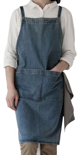 Denim Bib Apron for Women Men, Unisex Cross Back Aprons with Large Pockets - color: Style a - Deep Blue