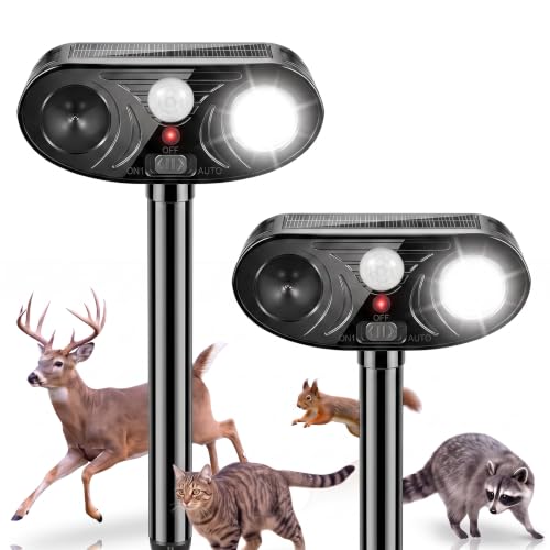 2026 Ultrasonic Solar Animal Repellent Outdoor, Deer Repellent Devices Cat Squirrel Rabbit Dog Raccoon Deterrent with Motion Sensor Flash Light for Yard Garden Lawn 2 Pack (Black)