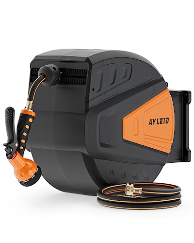 Ayleid Retractable Rubber Hybrid Garden Hose Reel, 5/8"x100ft Wall Mount - color: Deep Black