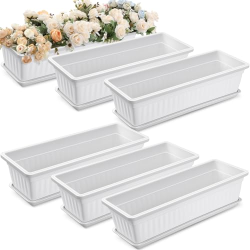 FillTouch 6 Packs 23 Inch Window Flower Box Extra Large Window Sill Herb Garden Long Rectangle Planter Plastic Boxes Outdoor with Drainage Trays Boxes for Balcony Windowsill Patio Garden - size: 23 Inch