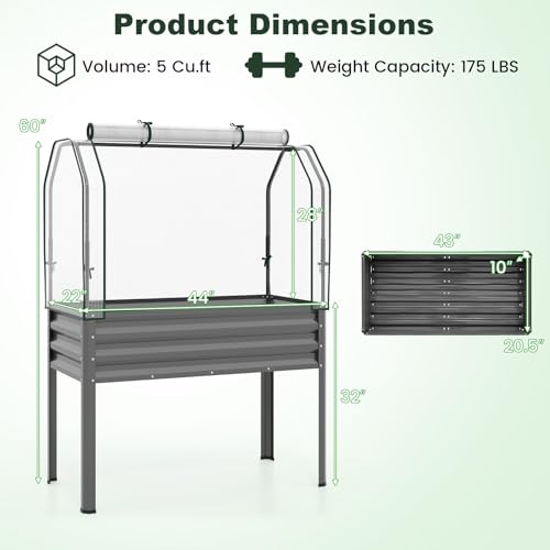 Giantex Raised Garden Bed with Legs & Greenhouse Cover, 44x20x60 Elevated Metal Planter Box with Roll-up Door, Outdoor Mini Greenhouse for Vegetable Flower Herb Patio Balcony (Gray,1) - color: Gray