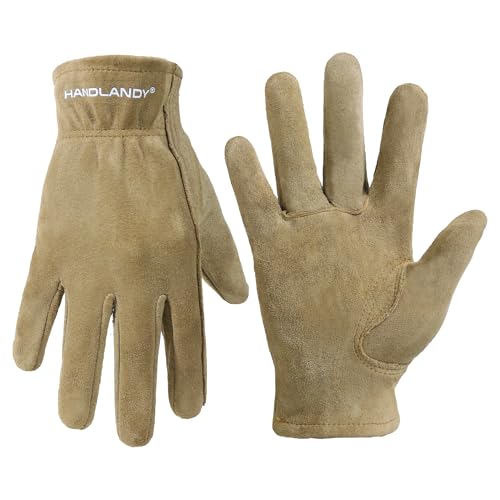 HANDLANDY Kids Leather Gardening Gloves, Kid Work Gloves, Khaki, L - color: Khaki (1 Pair), size: Large (Age 8-9)