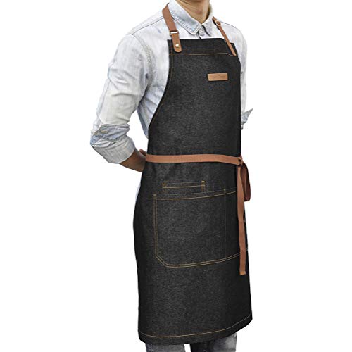 Black Denim Cooking Apron with Pockets for Men Women - color: Black Denim 7#