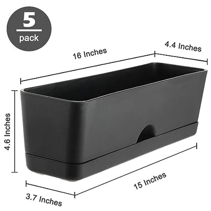 5 Pack Window Boxes Planters 16 Inches Rectangular Planter Herb Planter Boxes Large Plastic Flower Pots Rectangle Black Planter Outdoor and Indoor Succulent Window Sill Planter Self Watering Pots