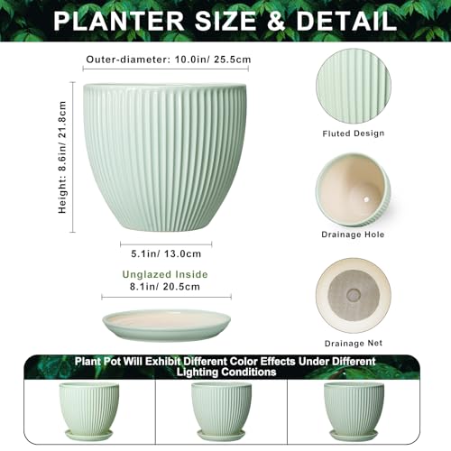 10 Inch Planter Indoor, Ceramic Pots with Saucer, Mint Green - color: Mint Green, size: 10 Inch