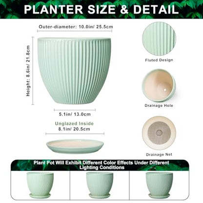 10 Inch Planter Indoor, Ceramic Pots with Saucer, Mint Green - color: Mint Green, size: 10 Inch