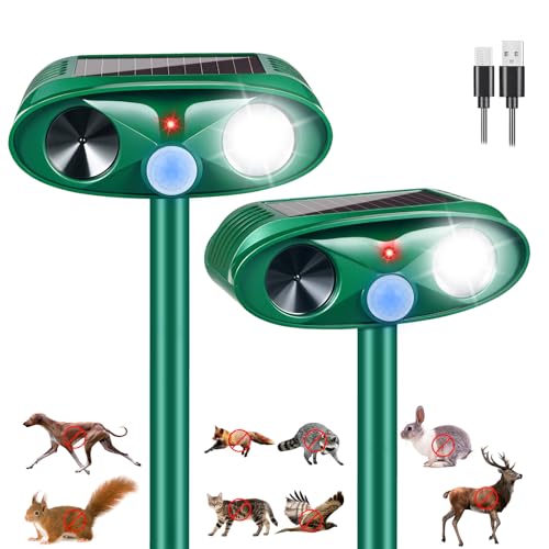 Upgraded Cat Deer Repellent Devices Solar Ultrasonic Animal Repeller Outdoor with Motion Sensor & Flashing Light, Animal Deterrent Devices for Squirrel Raccoon Dog Rabbit Skunk for Yard Garden, 2 Pack