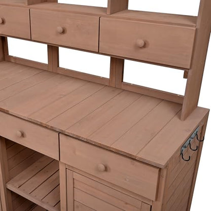 Merax 65.7" Tall Garden Potting Bench with Hutch, 3 Shelves, 6 Drawers, 2 Cabinets & Hooks - color: Brown