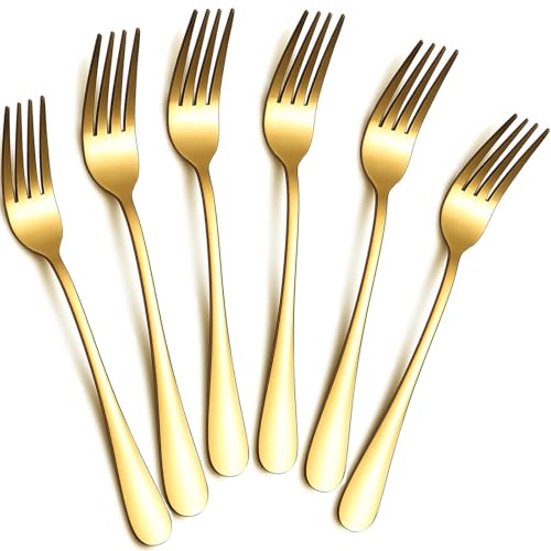 Dinner Forks Set, 8 Inch Set of 6 Gold Food Grade Stainless Steel Forks, Table Forks, Cutlery Forks, Mirror Finish, Dishwasher Safe, Use for Home, Kitchen or Restaurant - color: B-Gold Set of 6