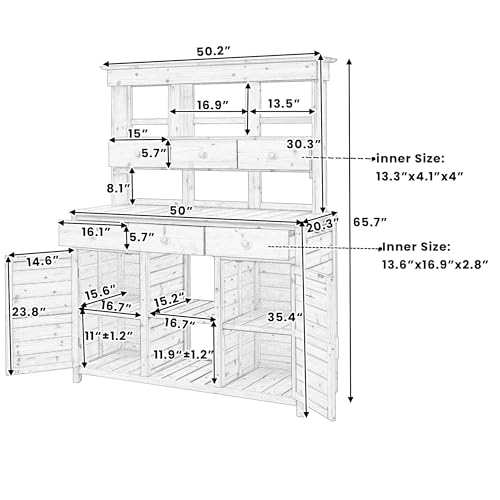 Merax 65.7" Tall Garden Potting Bench with Hutch, 3 Shelves, 6 Drawers, 2 Cabinets & Hooks - color: Brown