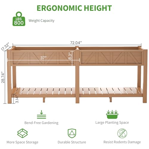 HIPS All-Weather Elevated Raised Garden Bed with Legs,72"L x 17"W x 28.7"H - color: Teak, size: 72"L-Without Wheels