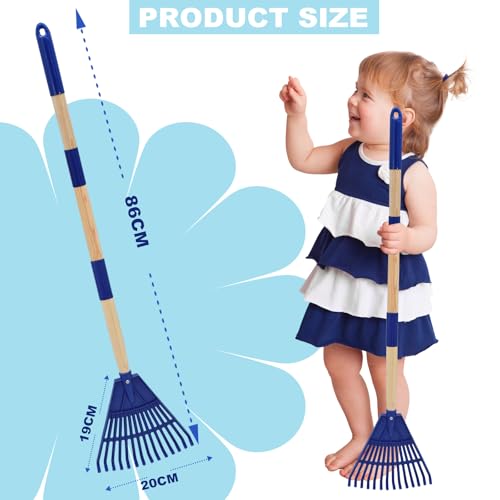 Kids Leaf Rake - 3-Section Adjustable Handle, Lightweight, Wood & Plastic, Small Garden Tool for Children (Blue) - color: Blue